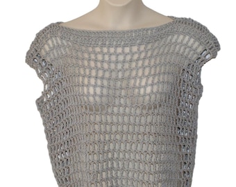 Crochet Cotton Crop Top, Gray Summer Mesh Tee