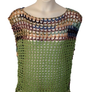 May include: A green crochet top with a multi-colored crocheted yoke. The top has a loose fit and a scoop neck.