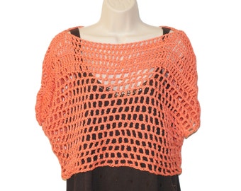 Orange Crochet Cotton Crop Top, Summer Mesh Tee