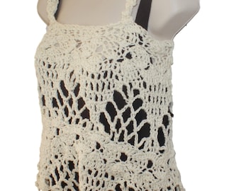 Top de algodón color marfil tejido a crochet, blusa sin mangas de verano