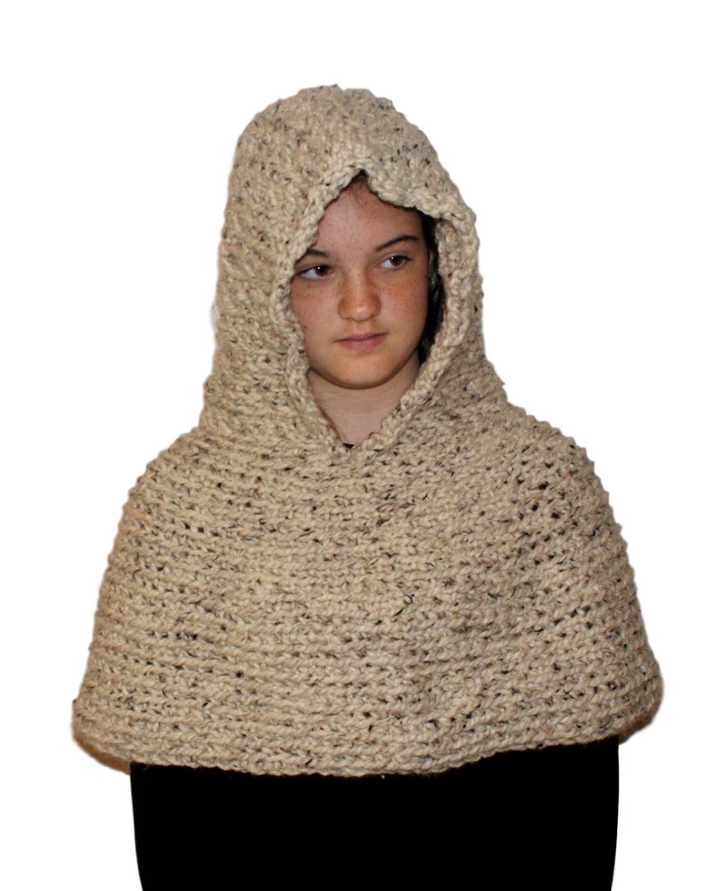 Hooded Poncho, Crochet Capelet, Oatmeal Hood, Wool Capelet, Hooded Sweater, Womens Scoodie, Chunky Hood Scarf, Fantasy Hood, Faery Hood image 1