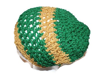 Green Slouch Hat, Gold Slouchy Cap, Green and Gold Hat, Knit Sock Cap, Mens Crochet Hat, School Hat, Crochet Slouch Hat