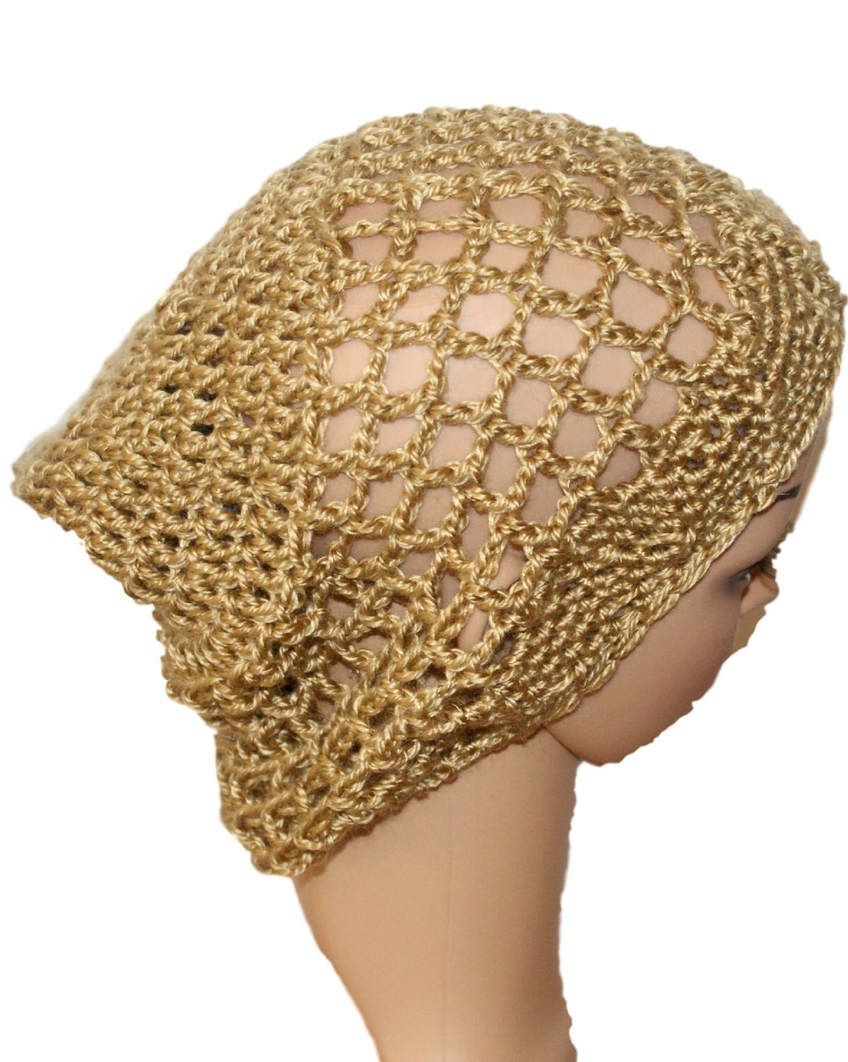 Crochet Slouchy Beanie, Womens Tan Gold Mesh Hat - Etsy display picture 2