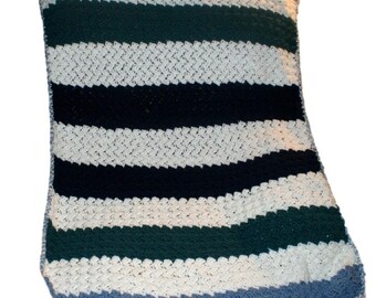 Handmade Crochet Baby Blanket, Blue Teal Striped Afghan, Lap Throw