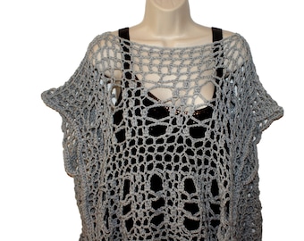 Crochet Cotton Top, Gray Dolman Sleeve Tunic, Plus Size Tee