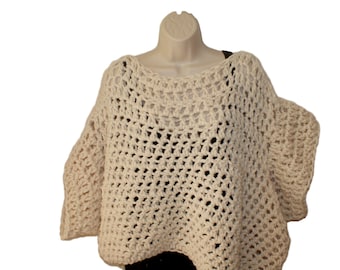 Plus Size Crochet Sweater, Cream Oversized Jumper, Bulky Knit Top
