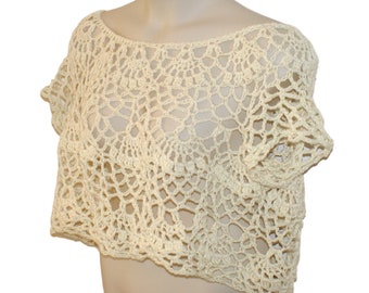 Ivory Crochet Crop Top, Elegant Cotton Summer Blouse