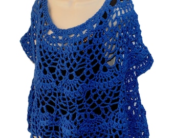 Royal Blue Top, Elegant Blouse, Formal Top, Dressy Crochet Top, Cotton Summer Top, Size Small to 3X, Plus Size Crochet, Wedding Clothes