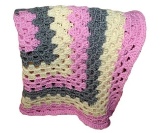 Handmade Crochet Granny Square Baby Afghan, Pink Cream Gray
