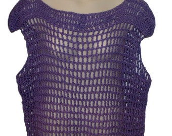 Crochet Cotton Crop Top, Purple Mesh Tee, Summer Clothing
