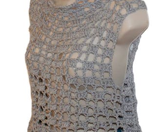Gray Cotton Crochet Top, Sleeveless Boho Tank, Summer Knit Blouse