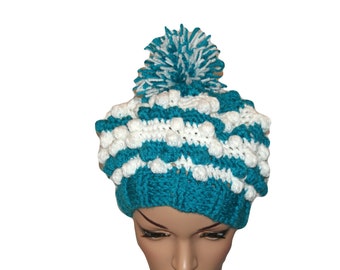 Crochet Womens Winter Beanie, Peacock and White Pom Pom Hat