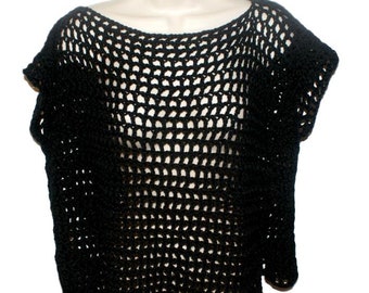 Crochet Cotton Top, Black Mesh Tee, Plus Size Clothing
