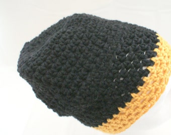 Black Slouch Hat, Gold Slouchy Cap,  Black and Gold Hat, Knit Sock Cap, Mens Crochet Hat, Back to School Cap, School Hat