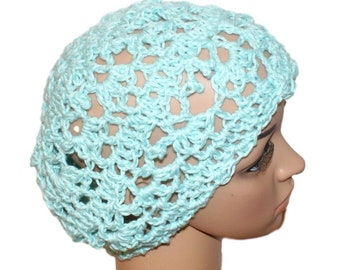 Crochet Cloche Hat, Ivory & Aqua Cotton, Lace Beret