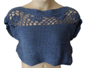 Blue Top, Elegant Blouse, Formal Top, Dressy Top, Summer Top, Size Small to 3X, Plus Size Crochet, Wedding Clothes, Crop Top, Open Back Top