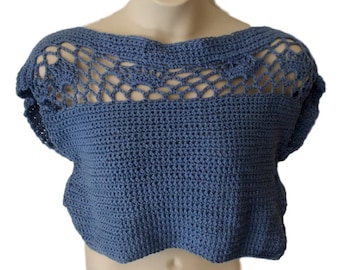 Blue Crochet Crop Top, Open Back Blouse, Plus Size Summer Wedding