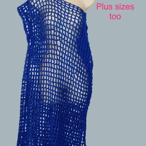 May include: A royal blue crochet dress with a loose, open-weave design. Plus sizes too.