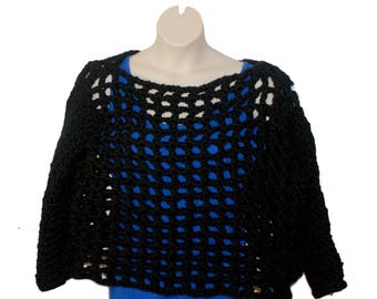 Chunky Crochet Black Sweater, Plus Size Mesh Pullover