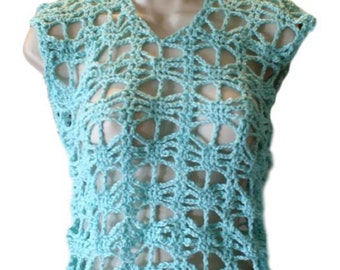Aqua Crochet Cotton Top, Elegant Wedding Blouse, Plus Size