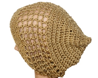 Woman Hat, Lightweight Beanie, Gold Slouch Hat, Womens Tan Rasta, Hipster Hat, Boho Styhle Hat, Tam, Oversize Beanie, Crochet Mesh Hat