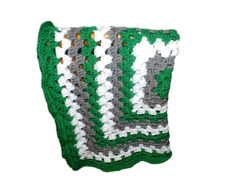 Green Crochet Baby Blanket, Gray and White Afghan (38x38)