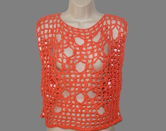 Orange Crochet Cotton Tunic, Layered Look Top, Plus Size