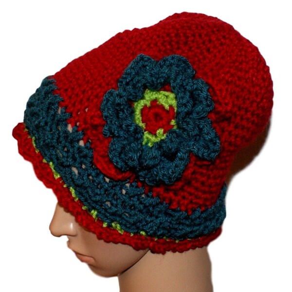 Red Slouch Hat, Woman Hat, Sundance Inspired, Beanie Hat, Whimsical Hat, Winter Toque, Crochet Hat, Red Cloche, Warm Winter Toque, Teal Hat