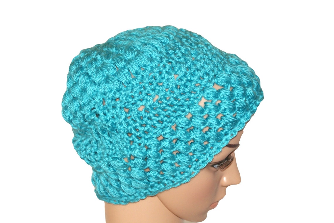 Blue Crochet Slouch Hat Chunky Knit Hat Adult Hat Womens Etsy