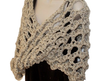 Oatmeal Wool Crochet Capelet, Chunky Outlander Shawl