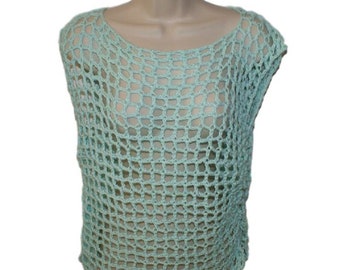 Aqua Crochet Crop Top, 100% Cotton, Summer Mesh Tee