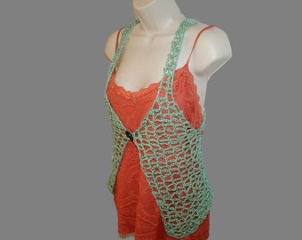 Crochet Cotton Vest, Jade Green Lacy Shrug, Plus Size Bolero