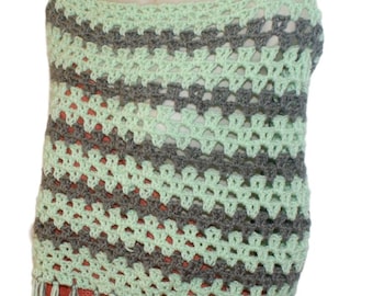 Crochet Poncho with Fringe, Mint Green & Gray, Autumn Fashion Wrap