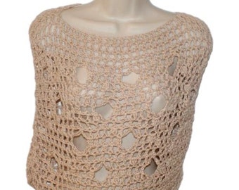 Crochet Cotton Tunic, Cream Mesh, Plus Size Layering Top