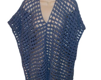 Crochet Cotton Poncho, Blue Stonewash Capelet