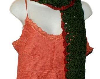 Crochet Winter Scarf, Olive Green & Terra Cotta Acrylic Yarn