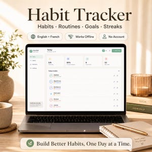 Peut inclure: Un écran d'ordinateur portable affichant une interface numérique de suivi des habitudes avec des listes de tâches quotidiennes, des statistiques et des séries. L'écran affiche le texte Habit Tracker, Habits, Routines, Goals, Streaks et Build Better Habits, One Day at a Time.