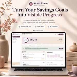 May include: A laptop displaying the Savings Journey interactive HTML app, featuring a dashboard with savings goals, progress bars, and financial data. The screen shows a total savings of $12,172, monthly savings charts, and recent activity logs.