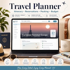 Peut inclure: Un planificateur de voyage numérique affiché sur un écran d'ordinateur portable, avec une interface pour les itinéraires, les réservations, les bagages et les budgets. L'écran montre un tableau de bord intitulé European Summer Escape.