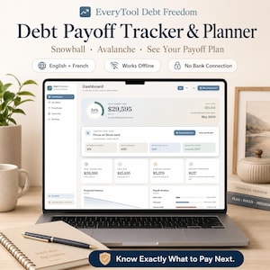 Peut inclure: Un écran d'ordinateur portable affichant le tableau de bord du Debt Payoff Tracker & Planner EveryTool Debt Freedom. L'interface présente des données financières, dont une dette actuelle totale de 29 595 $, 34 % de progression et un calendrier.