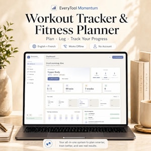 Peut inclure: Un ordinateur portable affichant le tableau de bord du planificateur de fitness et suivi d'entraînement EveryTool Momentum. L'écran présente une interface épurée avec des sections pour planifier, enregistrer et suivre les progrès, incluant des statistiques.