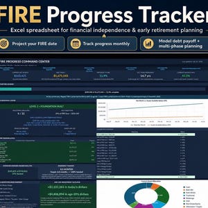 May include: A digital FIRE Progress Tracker Excel spreadsheet displayed on a screen. The dashboard features financial metrics, including net worth, FIRE target, progress percentage, years remaining, and savings rate, alongside charts, debt payoff models, and asset allocation.