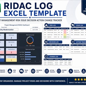 May include: A digital Excel template for project management featuring a RIDAC dashboard, risk log, issue log, decision log, action tracker, and change log. The layout includes data tables, charts, and icons for automated tracking and project organisation.