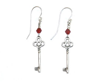 Sterling Silver Earrings with Sterling Silver key pendants and crystal beads - er002
