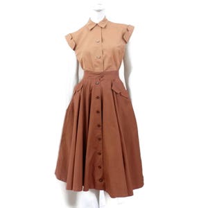 1950's Horrockses Fashion Blouse and Circle Skirt Outfit Tan and Brown High Waist English Fashion Designers image 1