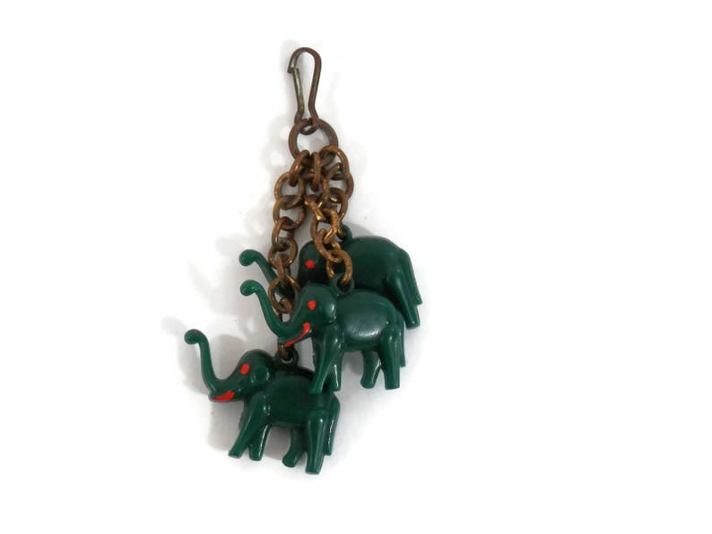 Deco Era Celluloid Elephant Charm Trio of Green Plastic Elephants