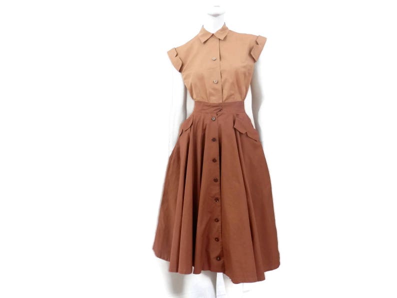 1950's Horrockses Fashion Blouse and Circle Skirt Outfit Tan and Brown High Waist English Fashion Designers image 1