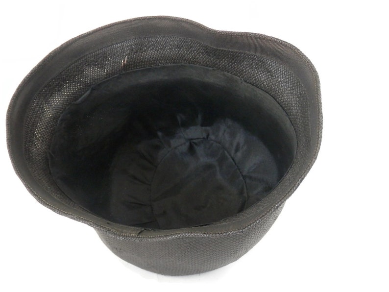 Art Deco Black Straw Cloche Hat with Pleated Grosgrain Ribbon Trim and Silk Lining Period Flapper Girl Vintage Clothing and Accessories
