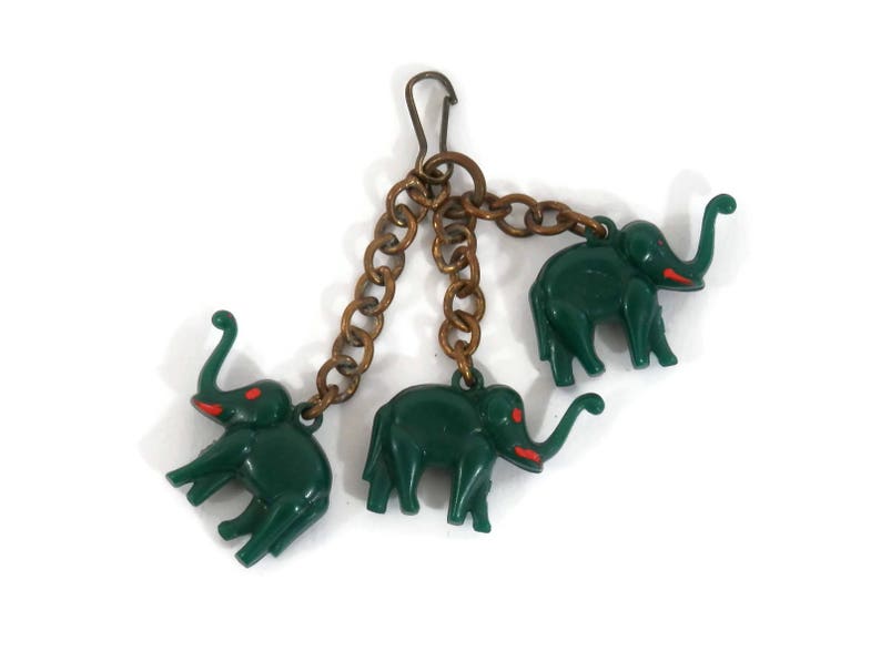 Deco Era Celluloid Elephant Charm Trio of Green Plastic Elephants