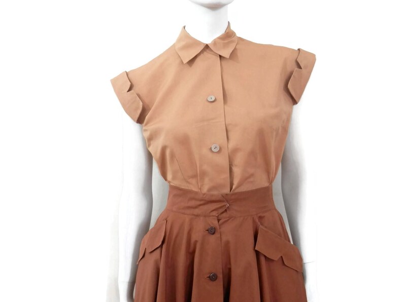 1950's Horrockses Fashion Blouse and Circle Skirt Outfit Tan and Brown High Waist English Fashion Designers image 2